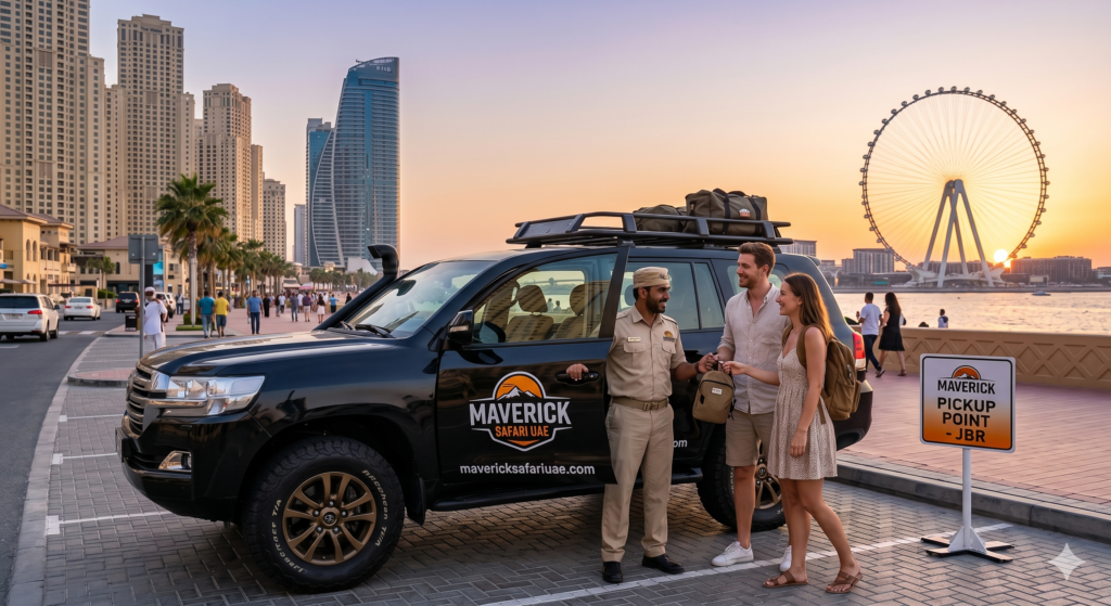 Couple meeting their Maverick Safari guide at the official designated sign for a Desert Safari JBR Pickup.