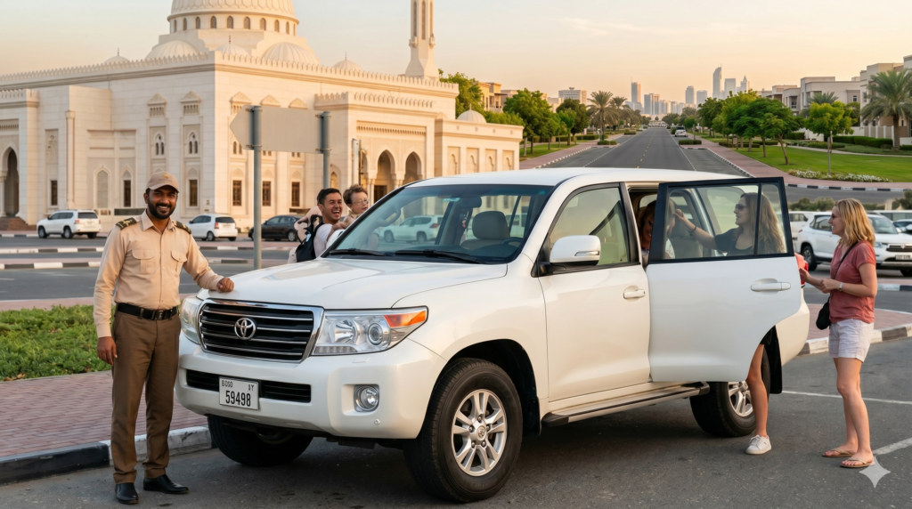 amily boarding a Maverick Safari UAE SUV near a beautiful mosque for their Desert Safari Sharjah Pickup.