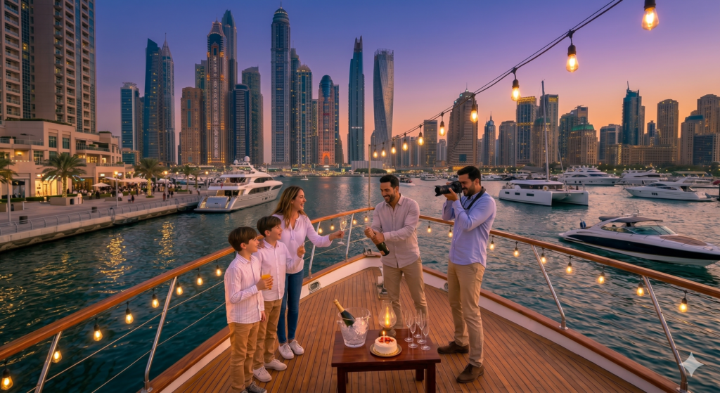 Family celebrating on a yacht before heading to their Desert Safari Dubai Marina Area tour.