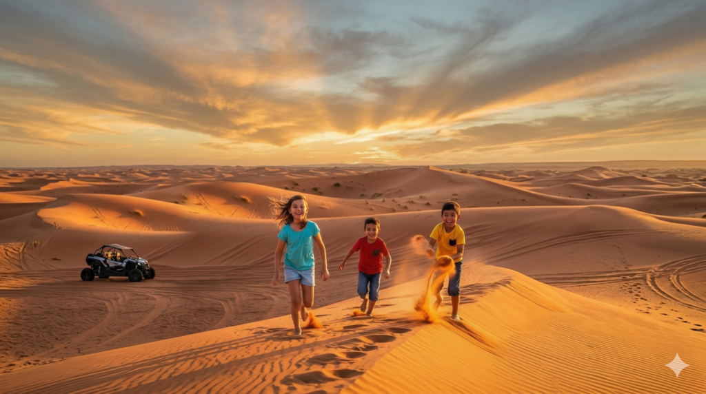 Happy children running safely on the sand dunes at sunset, answering Is Desert Safari Suitable for Kids.