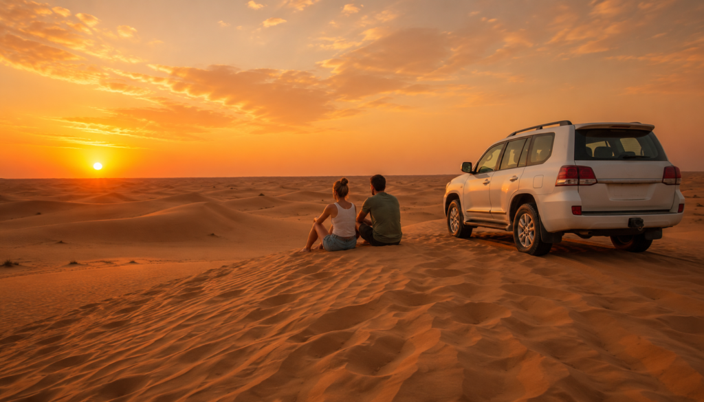 Couple sitting on a sand dune next to a 4x4 vehicle enjoying a beautiful sunset on a Cheap Desert Safari Dubai.