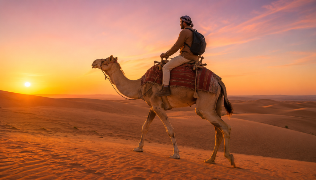 Solo traveler riding a camel across golden sand dunes during a Cheap Desert Safari Dubai.