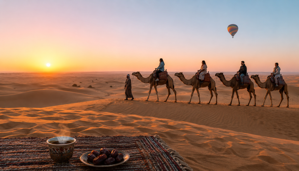 Tourists enjoying a beautiful morning camel ride and hot air balloon views during a Cheap Desert Safari Dubai.