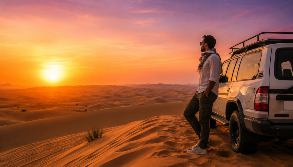 Man standing next to a white 4x4 SUV watching a beautiful sunset during an Affordable Desert Safari Dubai.