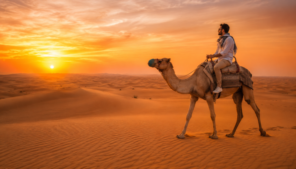 Tourist enjoying a scenic sunset camel ride across the dunes during an Affordable Desert Safari Dubai.