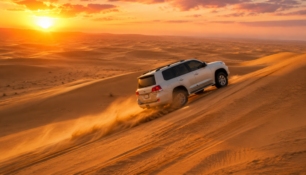 4x4 vehicle driving across steep golden sand dunes at sunset for an Affordable Desert Safari Dubai.