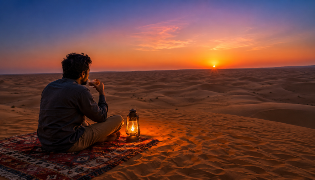 Tourist relaxing on a traditional rug with tea at sunset during an Affordable Desert Safari Dubai.