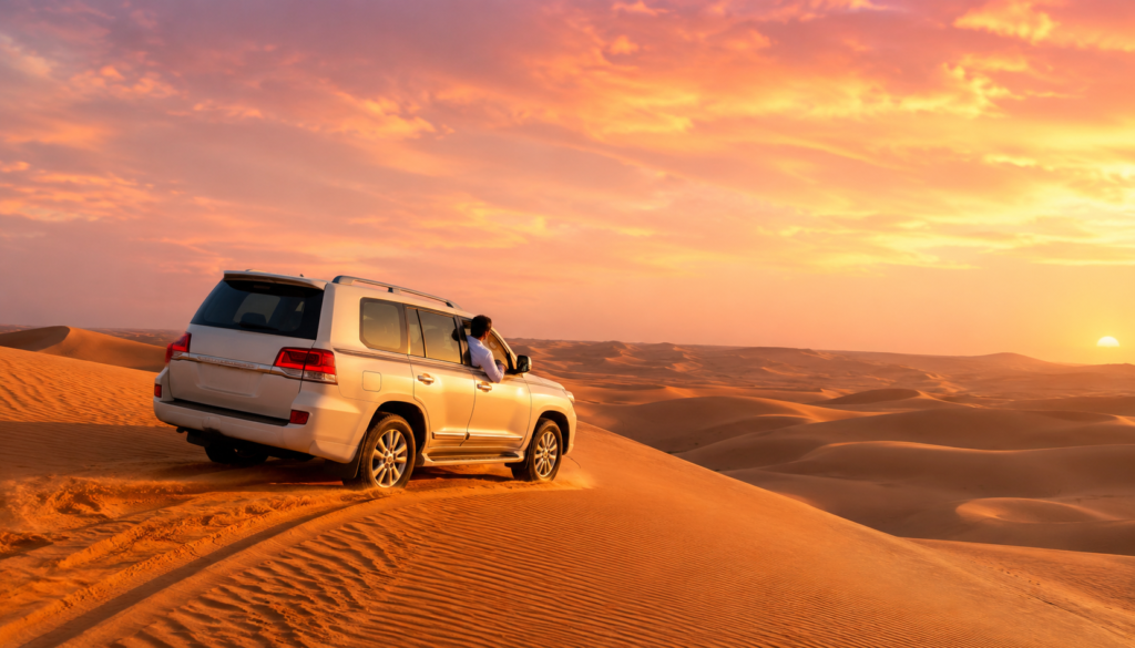 Desert Safari Dubai Price White 4x4 SUV driving across golden sand dunes at sunset during a Weekend Desert Safari Dubai.