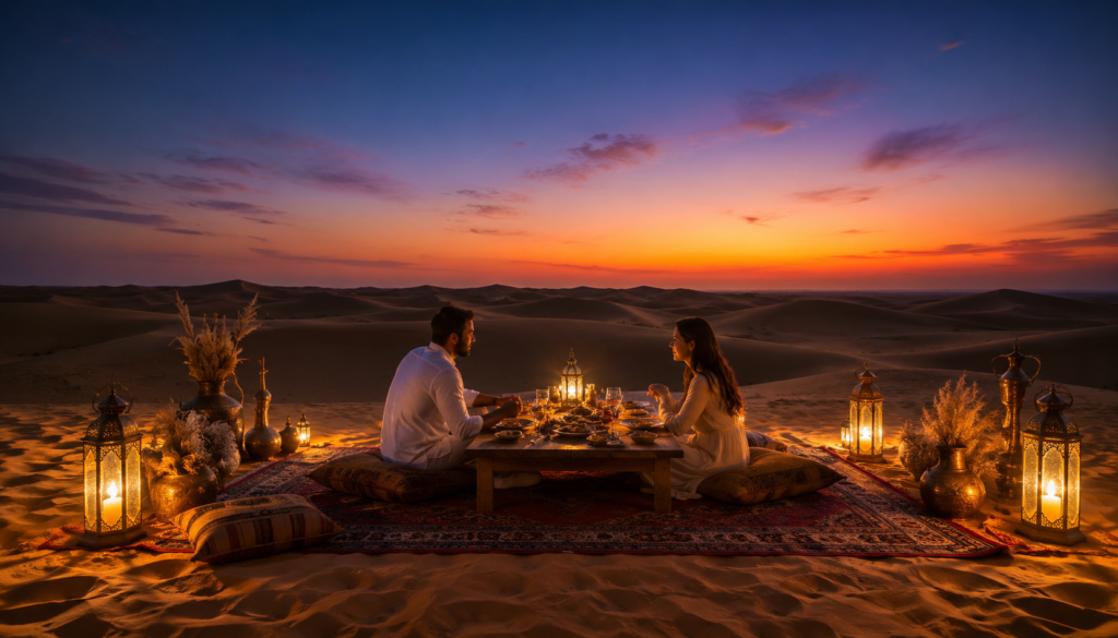 Desert Safari Dubai Price Couple enjoying a romantic, private candlelit dinner on the dunes during a Weekend Desert Safari Dubai.