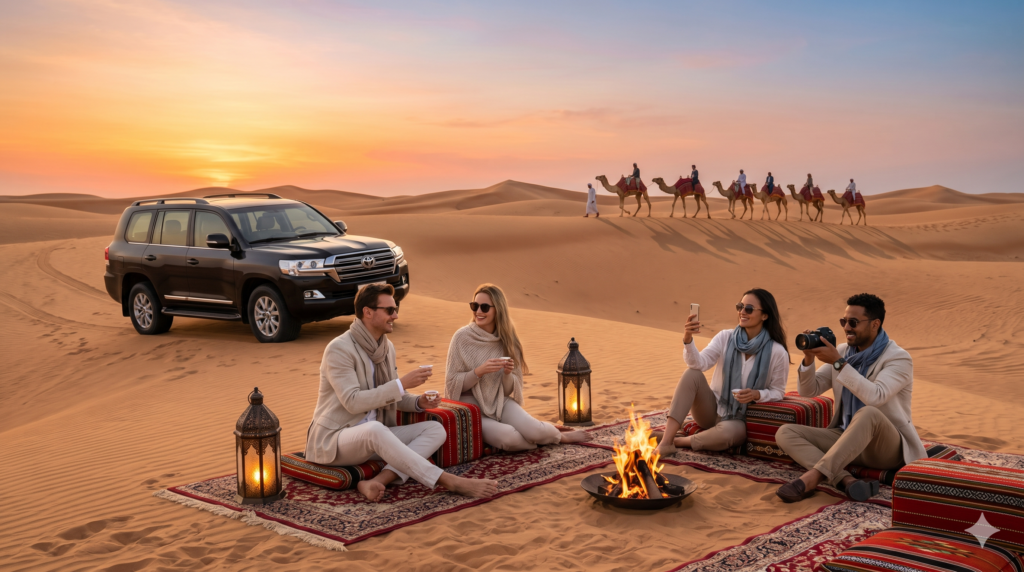 Tourists relaxing by a fire next to a luxury SUV, showcasing cool weather in the Best Month for Desert Safari.