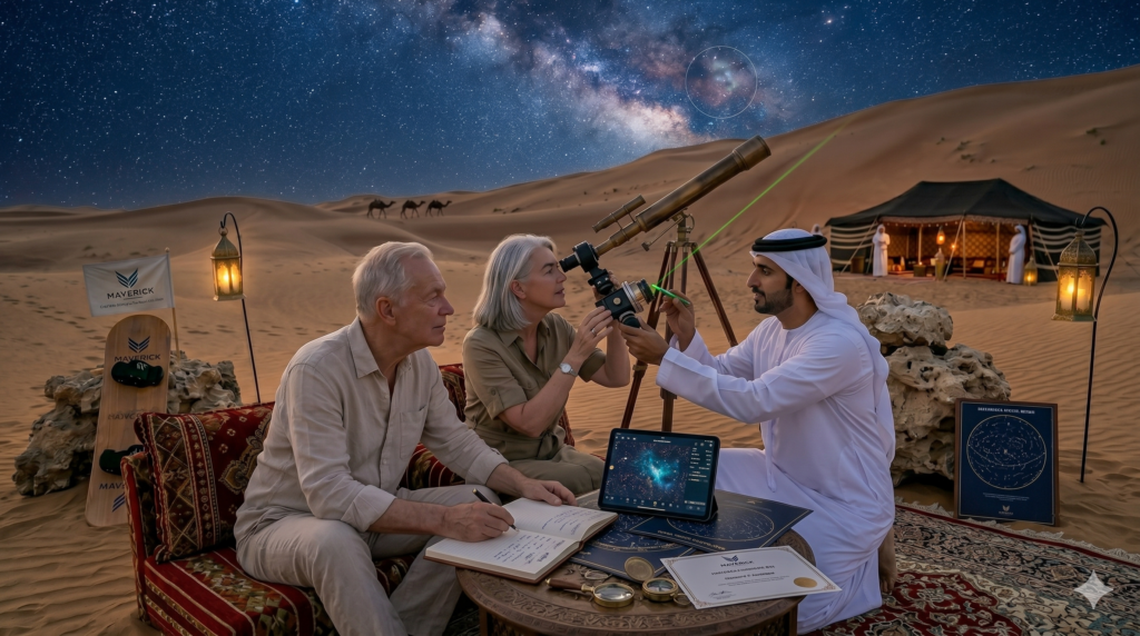 Older couple taking notes and stargazing at a comfortable night camp on a Desert Safari for Elderly.