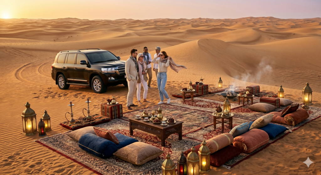 Group of friends enjoying a cool, breezy sunset camp setup during the Best Month for Desert Safar