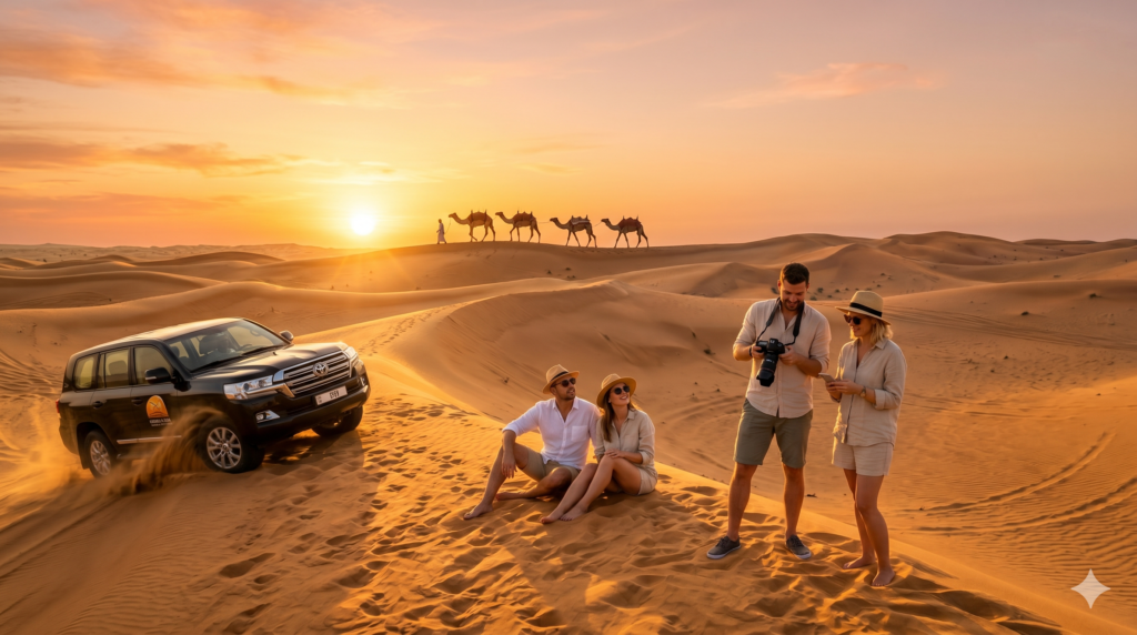 Tourists photographing a stunning sunset and camel caravan during the Best Time for Desert Safari Dubai.