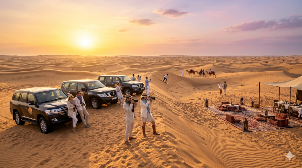 Photographers and tourists enjoying a cool sunset dune drive during the Best Month for Desert Safari.