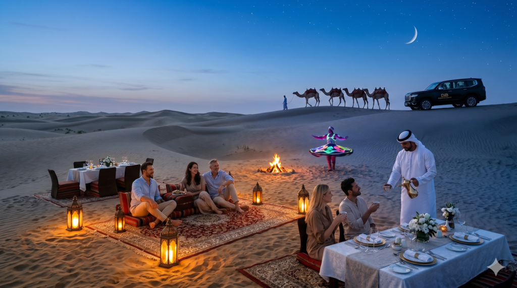 Emirati guide pouring coffee at a cool, beautifully lit evening camp during the Best Time for Desert Safari Dubai.