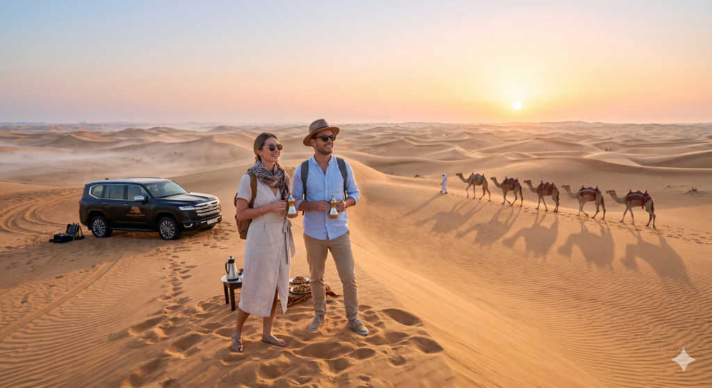 Couple enjoying Arabic coffee at sunrise, highlighting early morning as the Best Time for Desert Safari Dubai.