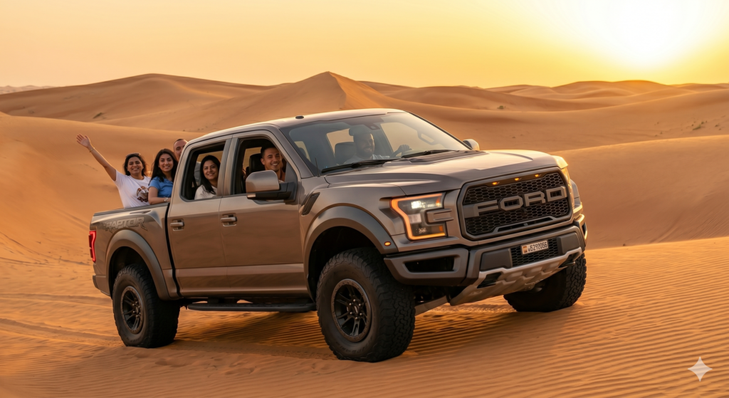 Smiling passengers in a rugged 4x4 vehicle navigating desert dunes on a Desert Safari Dubai 2026.