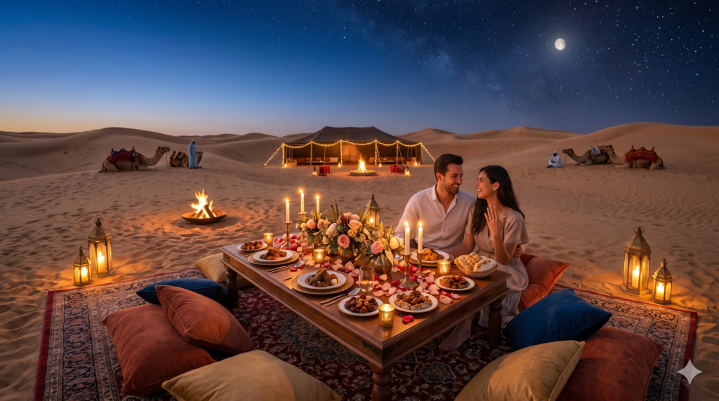 Couple celebrating an engagement with a private candlelit dinner under the stars during a Weekend Desert Safari Dubai.