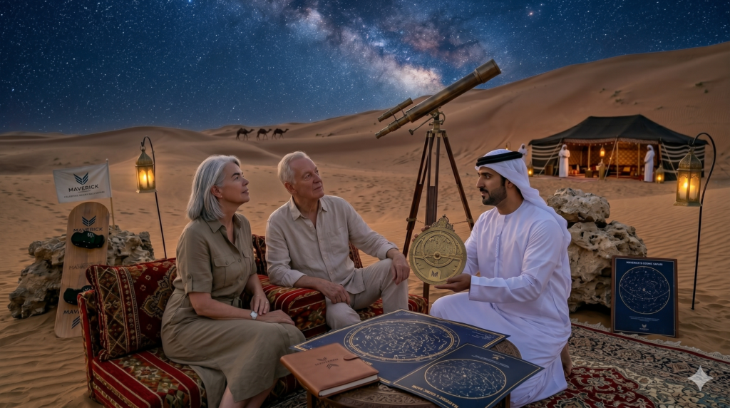 Emirati guide showing an astrolabe and star maps to an older couple during a relaxing Desert Safari for Elderly.