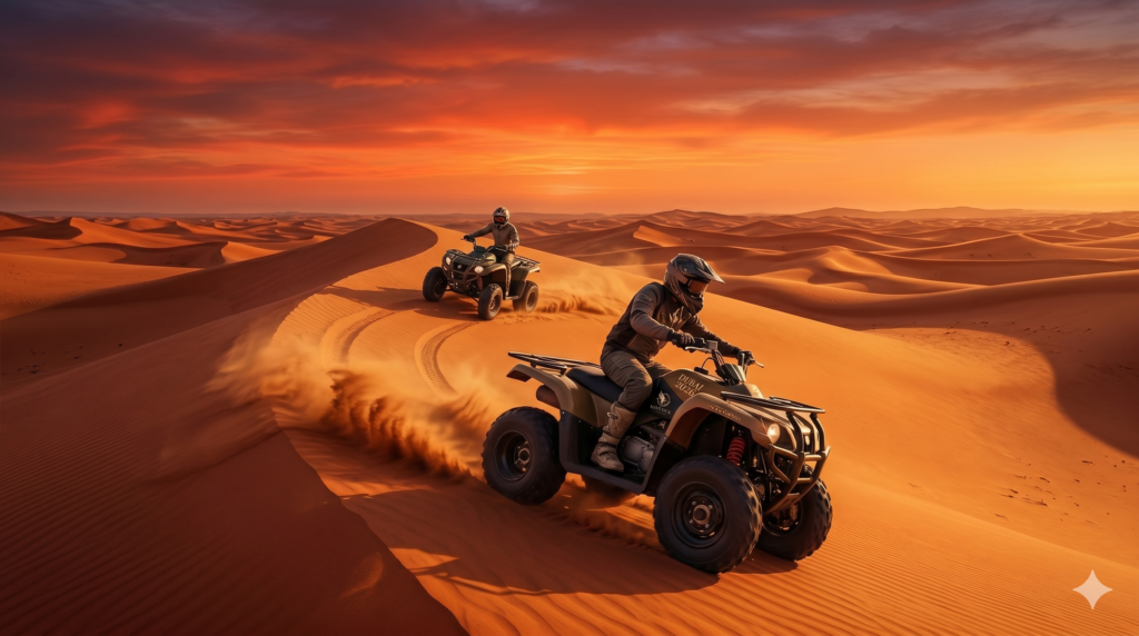 Two riders enjoying a thrilling quad biking adventure on red sand dunes at sunset during a Desert Safari Dubai 2026.