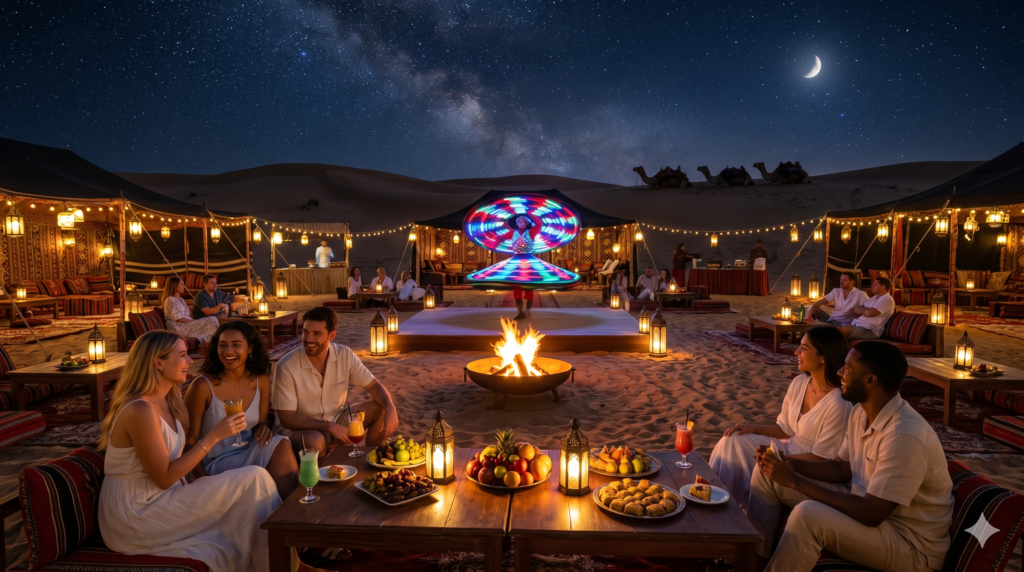 Guests in light clothing enjoying cold drinks and a Tanoura dance under the stars on a Summer Desert Safari Dubai.