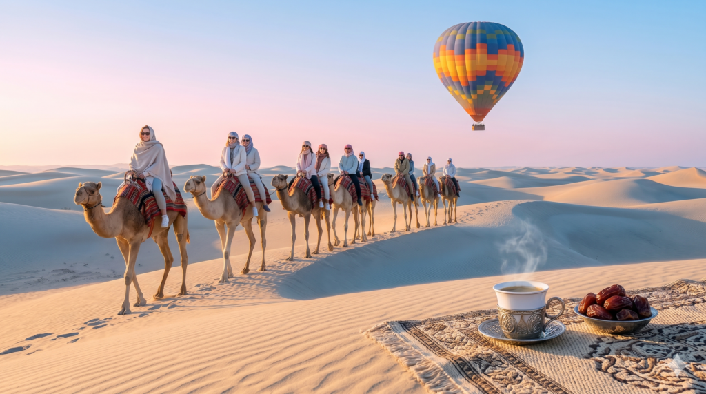 Group enjoying a chilly morning camel trek across the dunes for a scenic Winter Desert Safari Dubai.