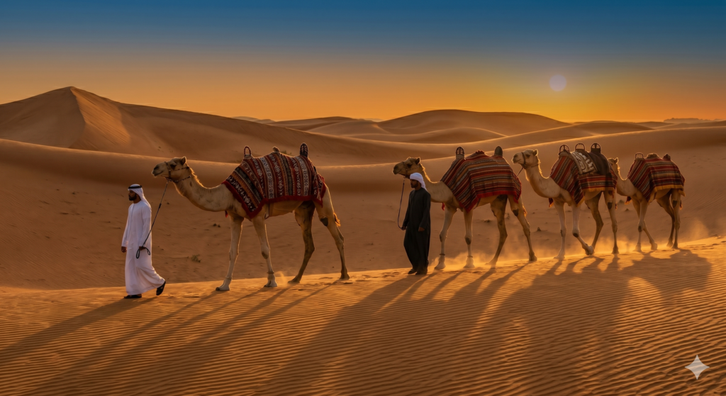 Authentic camel riding experience in the Arabian desert at twilight for a classic Desert Safari Dubai 2026.