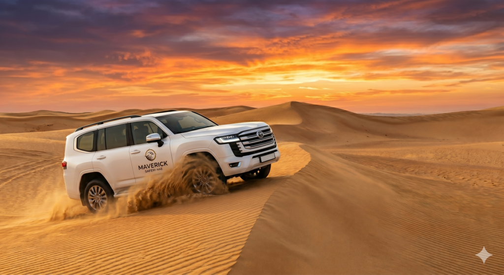 White Land Cruiser dune bashing and kicking up sand at sunset during a thrilling Desert Safari Dubai 2026.