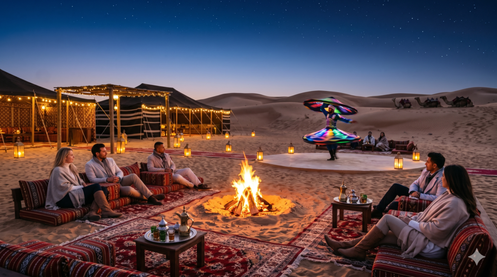Tourists enjoying a warm fire, Arabic tea, and live entertainment under the stars for a Winter Desert Safari Dubai.