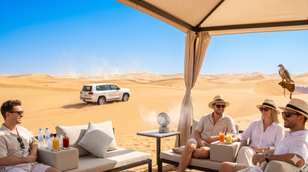 Tourists relaxing in a shaded cabana with cold drinks and a misting fan during a Summer Desert Safari Dubai.