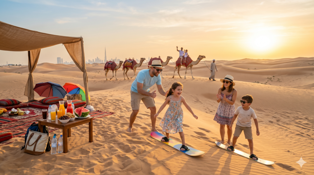 Kids having fun sandboarding near a shaded picnic area with cold drinks on a Summer Desert Safari Dubai.