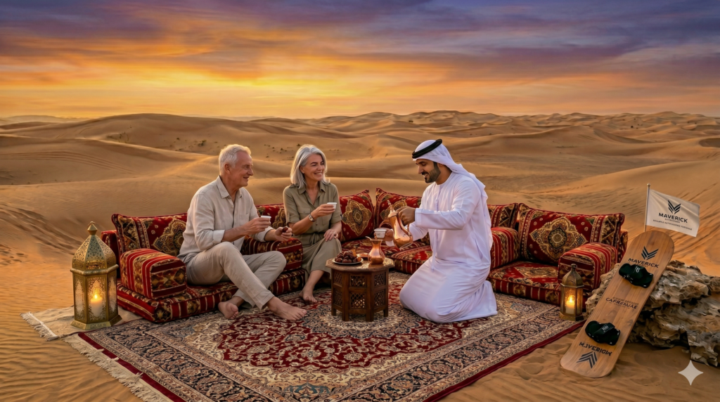 Senior couple relaxing on comfortable cushions while a guide serves tea during a safe Desert Safari for Elderly.
