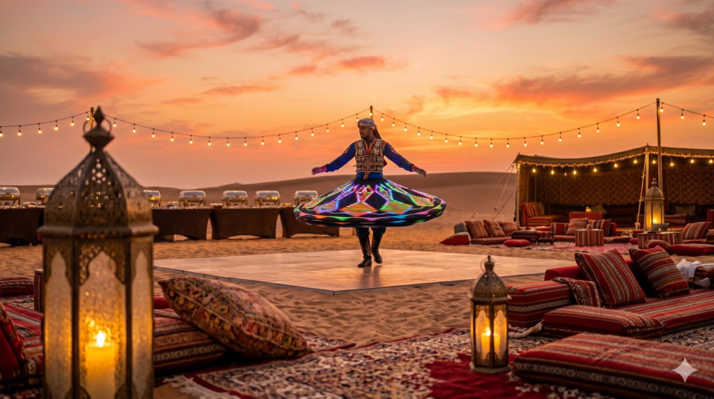 Colorful Tanoura dancer performing at a luxury sunset camp during a Weekend Desert Safari Dubai.