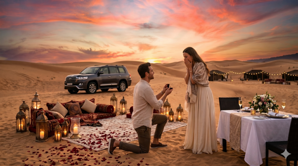 Romantic sunset marriage proposal with a private dinner and rose petals during a Weekend Desert Safari Dubai.