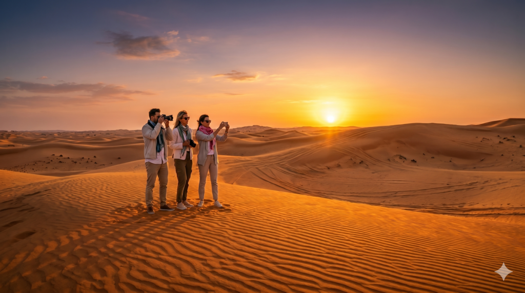 Friends wearing warm layers while photographing the dunes, showing why winter is the Best Time for Desert Safari Dubai.