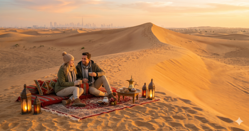 Cozy sunset setup with traditional rugs, warm drinks, and lanterns for a romantic Winter Desert Safari Dubai.