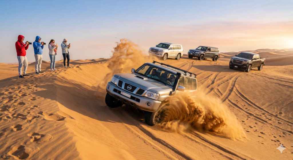 Action shot of an SUV kicking up sand while guests in warm clothes watch on a Winter Desert Safari Dubai.