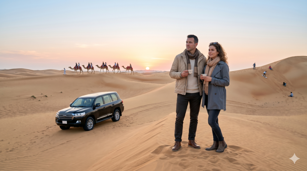 Couple wearing winter coats and enjoying hot drinks on the dunes during the Best Month for Desert Safari.