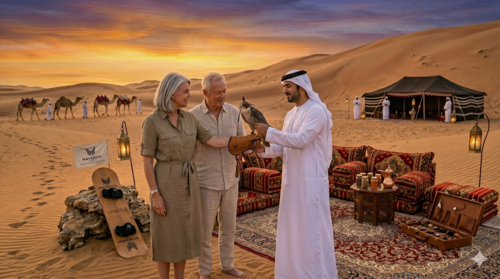 Senior woman safely holding a falcon with an Emirati guide's help during a Desert Safari for Elderly.