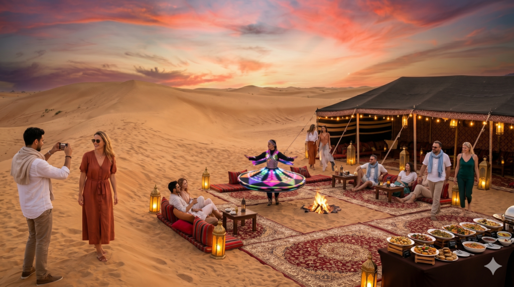 Desert Safari Dubai Price Tourists taking photos and enjoying a lavish buffet dinner with live entertainment during a Weekend Desert Safari Dubai.