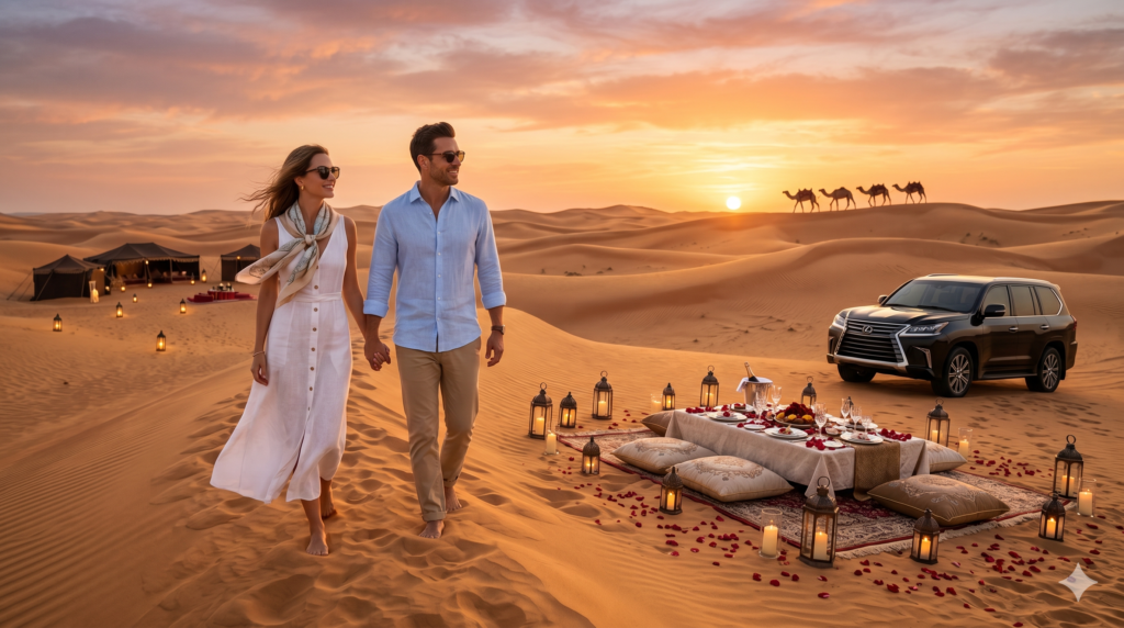 Romantic couple walking barefoot near a private sunset dinner setup during a Weekend Desert Safari Dubai.