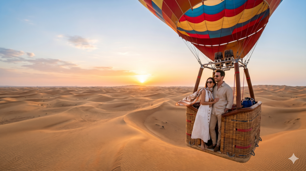 Romantic couple enjoying a golden hour hot air balloon ride during a premium Weekend Desert Safari Dubai.