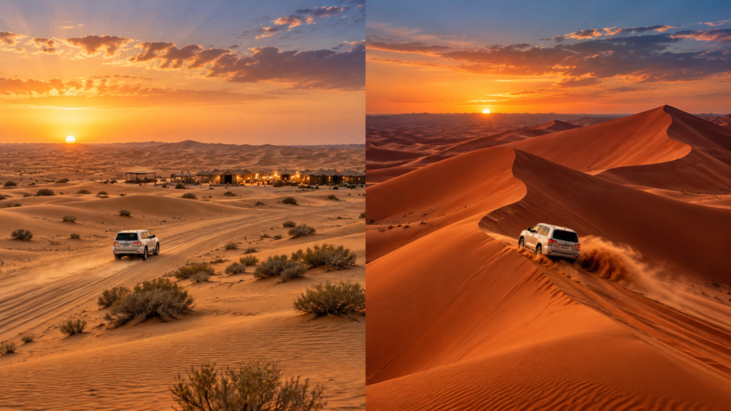 Lahbab vs Al Awir Desert Safari sunset comparison featuring golden dunes with a camp versus towering red dunes for dune bashing.