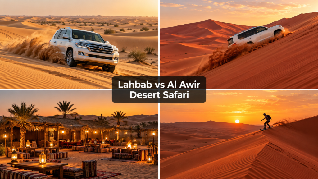 Four-panel visual comparison of Lahbab vs Al Awir Desert Safari featuring 4x4 dune bashing, sandboarding, and a traditional desert camp.