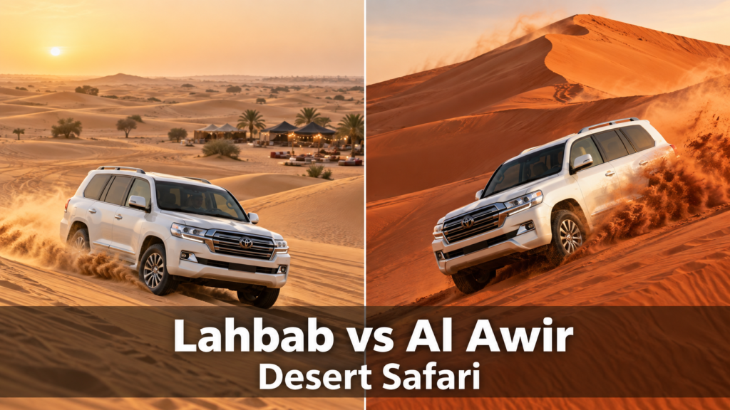Lahbab vs Al Awir Desert Safari visual comparison featuring a desert camp and aggressive dune bashing in 4x4 SUVs.