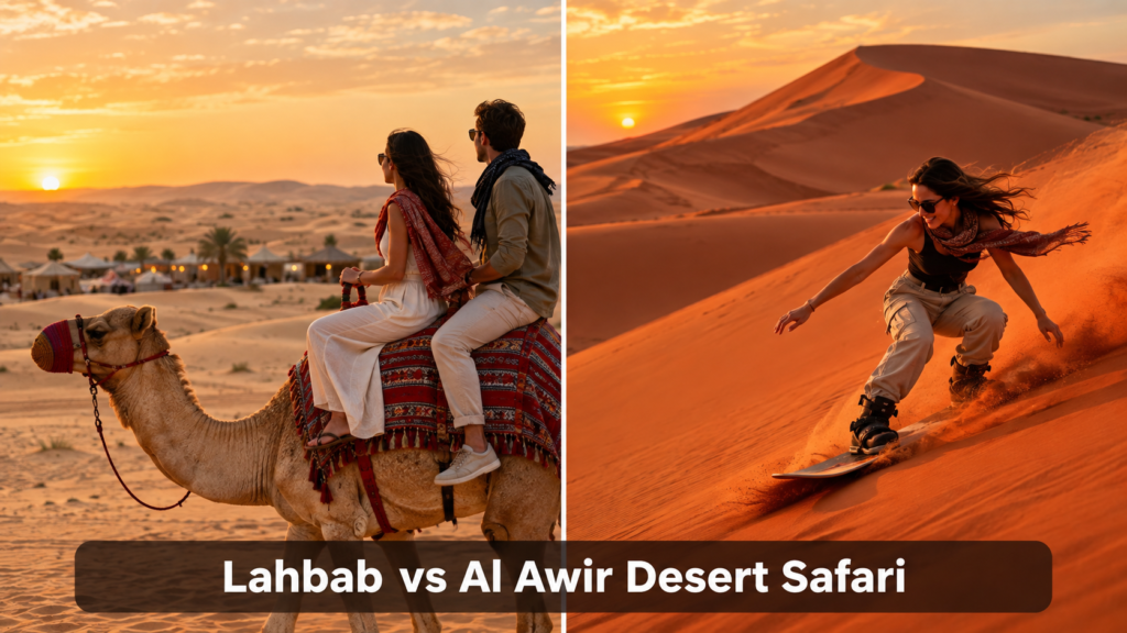 Lahbab vs Al Awir Desert Safari comparison featuring a scenic camel ride and steep sandboarding at sunset.