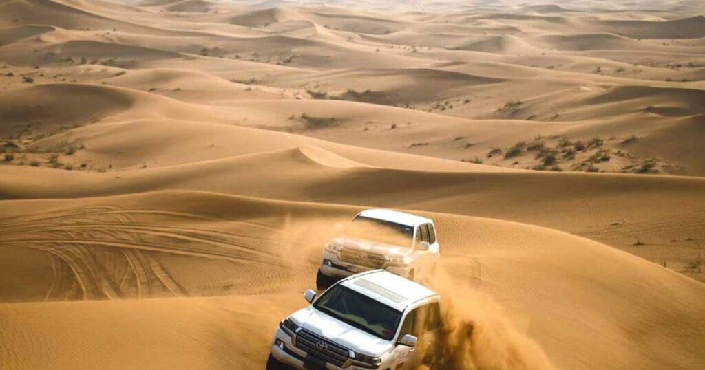 Book Desert Safari Dubai from 45 AED with golden sand dunes and 4x4 vehicles 