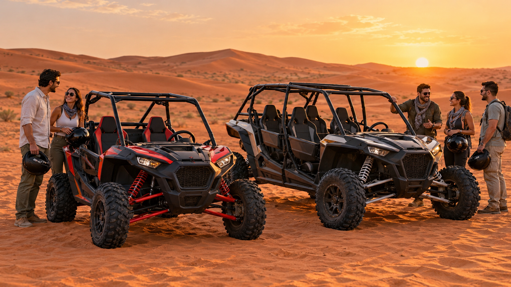 Dune Buggy Dubai Tourists beside two-seat and four-seat vehicles during a Dune Buggy Dubai desert tour.