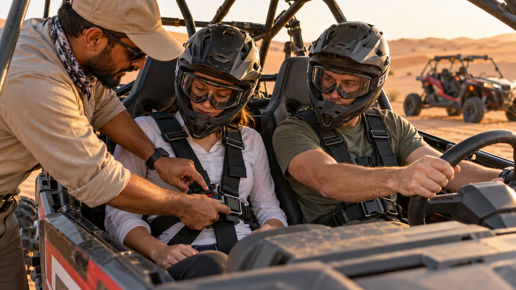 Dune Buggy Dubai Guide checking a helmeted passenger’s safety harness before a Dune Buggy Dubai ride.