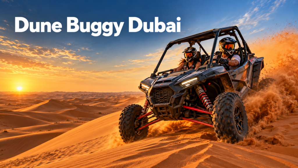Two helmeted riders crossing Lahbab’s red dunes at sunset beneath the text “Dune Buggy Dubai.”